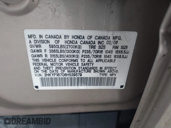 2006 Honda Pilot EX-L with VIN 2HKYF18706H529579, listed as a IAAI auction lot 41861069 with 222,641 mi miles and . Bid and sale history available at DreamBid. Image 9.