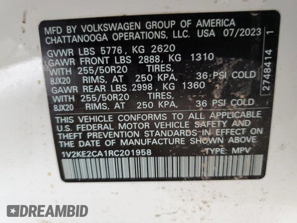 2024 Volkswagen Atlas SE z VIN 1V2KE2CA1RC201958, wystawiony jako Copart lot #59052675 z przebiegiem 43 922 mil mil oraz Szkoda całkowita • Salvage title. Historia ofert i sprzedaży dostępna na DreamBid. Obrazek 12.