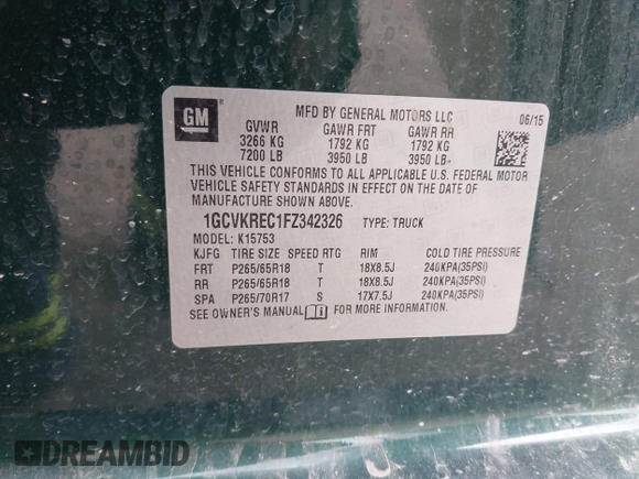 2015 Chevrolet Silverado 1500 LT with VIN 1GCVKREC1FZ342326, listed as a IAAI auction lot 41968095 with 119,911 mi miles and . Bid and sale history available at DreamBid. Image 9.