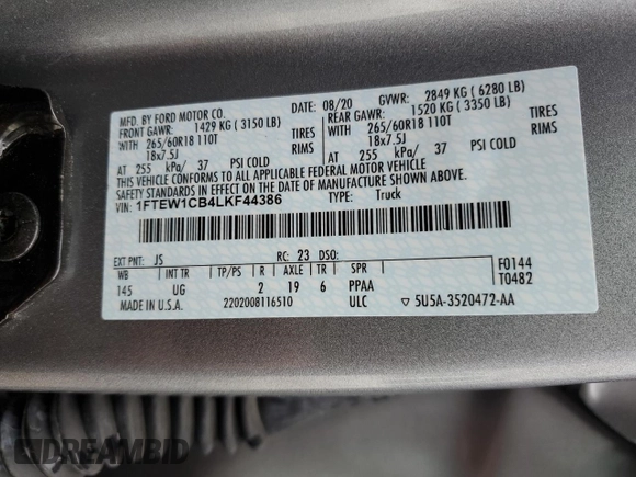 2020 Ford F-150 XL with VIN 1FTEW1CB4LKF44386, listed as a Copart auction lot 86432054 with 30,939 mi miles and Salvage Title. Bid and sale history available at carsss.com. Image 12.