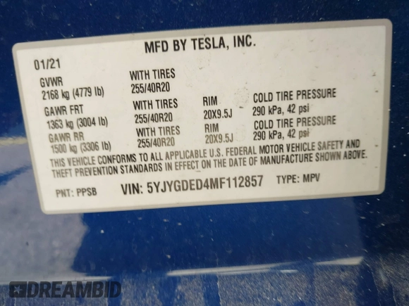 2021 Tesla Model Y Standard Range with VIN 5YJYGDED4MF112857, listed as a IAAI auction lot 41134600 with Not Provided miles and . Bid and sale history available at DreamBid. Image 9.