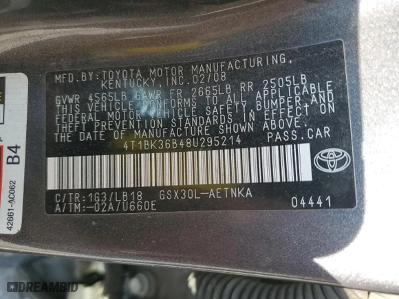 2008 Toyota Avalon XL with VIN 4T1BK36B48U295214, listed as a Copart auction lot 61930484 with 265,811 mi miles and Non Repairable. Bid and sale history available at carsss.com. Image 14.