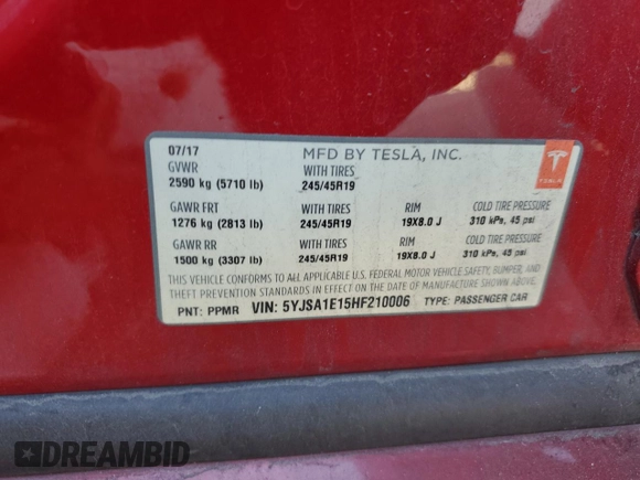 2017 Tesla Model S 60 with VIN 5YJSA1E15HF210006, listed as a Copart auction lot 85096644 with 225,497 mi miles and Salvage title. Bid and sale history available at DreamBid. Image 13.