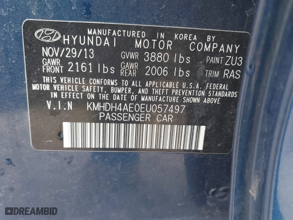 2014 Hyundai Elantra SE with VIN KMHDH4AE0EU057497, listed as a IAAI auction lot 41717476 with 115,030 mi miles. Bid and sale history available at carsss.com. Image 9.