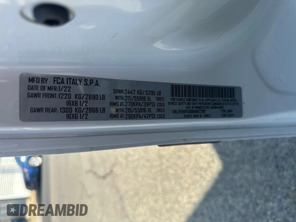 2022 Ram ProMaster City Cargo Tradesman with VIN ZFBHRFAB8N6W22817, listed as a Copart auction lot 66117855 with 34,878 mi miles and Salvage title. Bid and sale history available at DreamBid. Image 10.
