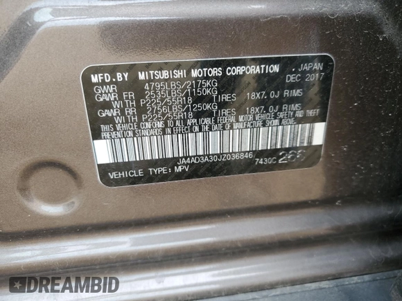 2018 Mitsubishi Outlander SE with VIN JA4AD3A30JZ036846, listed as a Copart auction lot 60043125 with 41,718 mi miles and Salvage title. Bid and sale history available at DreamBid. Image 12.