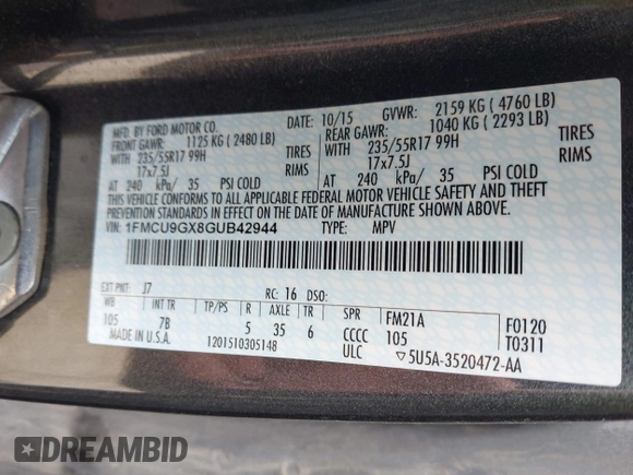 2016 Ford Escape SE with VIN 1FMCU9GX8GUB42944, listed as a IAAI auction lot 42171770 with 120,041 mi miles. Bid and sale history available at carsss.com. Image 9.