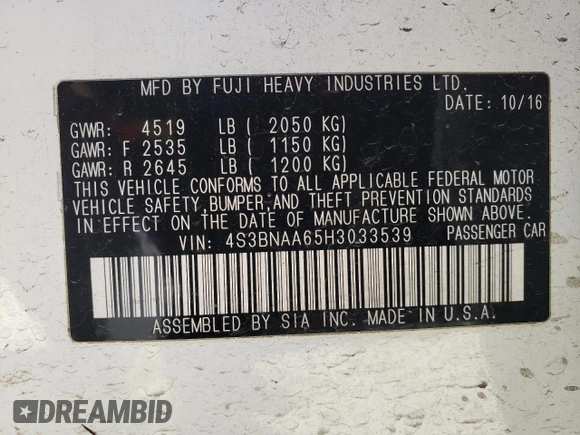 2017 Subaru Legacy with VIN 4S3BNAA65H3033539, listed as a Copart auction lot 47317325 with 150,160 mi miles and Salvage Title. Bid and sale history available at carsss.com. Image 14.