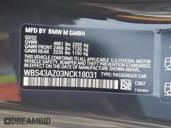 2022 BMW M4 Competition xDrive with VIN WBS43AZ03NCK18031, listed as a Copart auction lot 75090034 with 18,837 mi miles and Non Repairable. Bid and sale history available at carsss.com. Image 13.