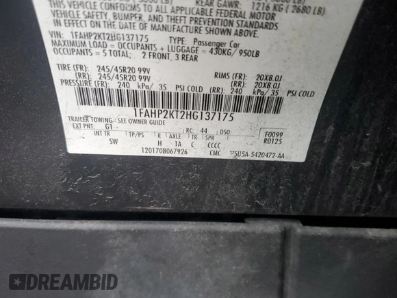 2017 Ford Taurus SHO с VIN 1FAHP2KT2HG137175, выставлен на аукционе Copart как лот 55854895 с пробегом 72 402 миль миль и Списание • Salvage title. История ставок и продаж доступна на DreamBid. Изображение 12.