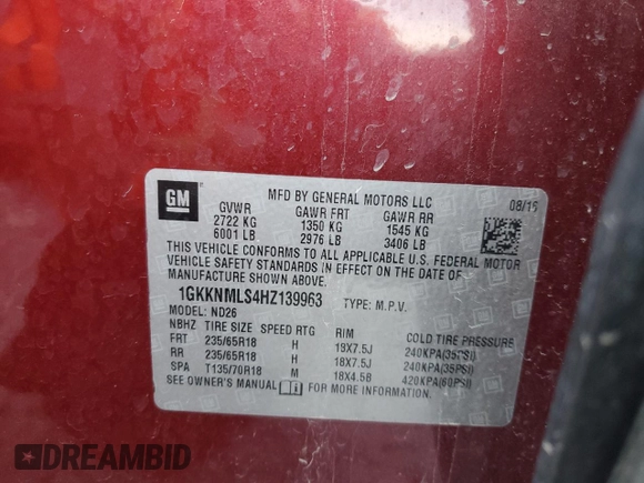 2017 GMC Acadia SLT with VIN 1GKKNMLS4HZ139963, listed as a Copart auction lot 50227995 with 96,975 mi miles and Salvage title. Bid and sale history available at DreamBid. Image 14.