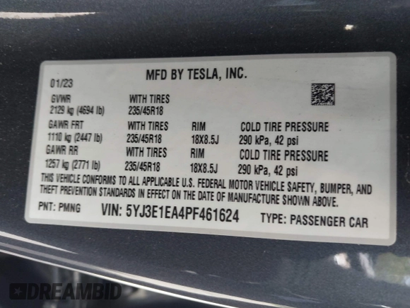 2023 Tesla Model 3 z VIN 5YJ3E1EA4PF461624, wystawiony jako IAAI lot #42433789 z przebiegiem 22 182 mil mil oraz . Historia ofert i sprzedaży dostępna na DreamBid. Obrazek 9.