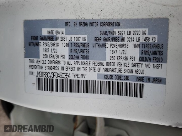2015 Mazda CX-9 Touring z VIN JM3TB3CV3F0450354, wystawiony jako Copart lot #42934625 z przebiegiem Nie podano mil oraz Szkoda całkowita • Salvage title. Historia ofert i sprzedaży dostępna na DreamBid. Obrazek 13.