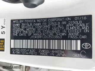 2016 Toyota Prius Two with VIN JTDKBRFU2G3503863, listed as a IAAI auction lot 42035013 with 118,930 mi miles. Bid and sale history available at carsss.com. Image 9.