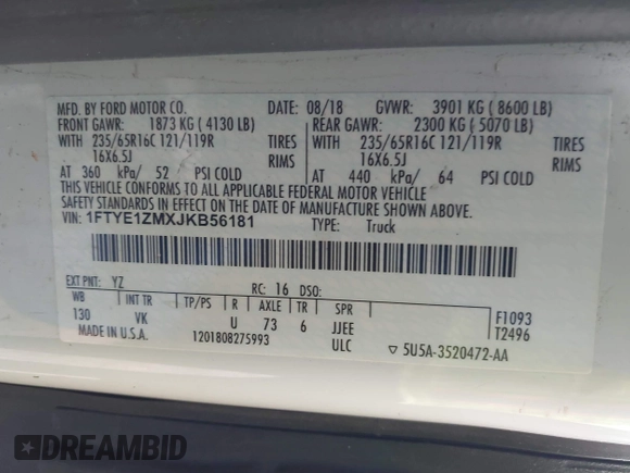 2018 Ford Transit with VIN 1FTYE1ZMXJKB56181, listed as a IAAI auction lot 42000183 with 113,112 mi miles and . Bid and sale history available at DreamBid. Image 9.