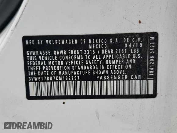 2019 Volkswagen Jetta S with VIN 3VW6T7BU7KM192797, listed as a Copart auction lot 62733765 with 95,591 mi miles and Salvage title. Bid and sale history available at DreamBid. Image 12.