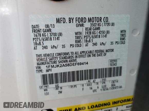 2013 Ford Expedition Max Limited with VIN 1FMJK2A58DEF69414, listed as a Copart auction lot 55811875 with 50,601 mi miles and Salvage title. Bid and sale history available at DreamBid. Image 13.