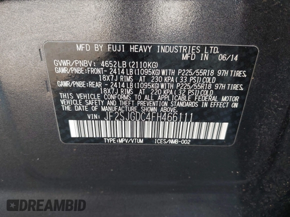 2015 Subaru Forester 2.0XT Premium with VIN JF2SJGDC4FH466111, listed as a IAAI auction lot 41900861 with 142,898 mi miles. Bid and sale history available at carsss.com. Image 9.