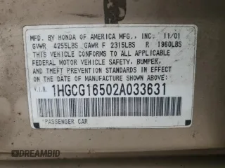 2002 Honda Accord EX z VIN 1HGCG16502A033631, wystawiony jako Copart lot #58020235 z przebiegiem 165 301 mil mil oraz Szkoda całkowita • Salvage title. Historia ofert i sprzedaży dostępna na DreamBid. Obrazek 13.