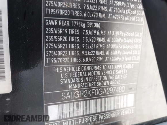2016 Land Rover Range Rover with VIN SALGR2KF0GA297480, listed as a IAAI auction lot 42084758 with Not Provided miles and . Bid and sale history available at DreamBid. Image 12.