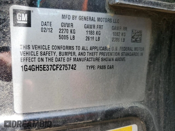 2012 Buick LaCrosse Premium 3 with VIN 1G4GH5E37CF275742, listed as a Copart auction lot 61270815 with 173,085 mi miles and Salvage title. Bid and sale history available at DreamBid. Image 12.