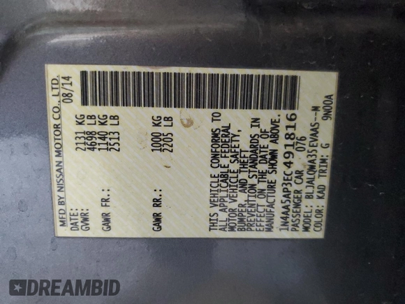 2014 Nissan Maxima S with VIN 1N4AA5AP3EC491816, listed as a Copart auction lot 51977075 with 122,932 mi miles and Salvage Title. Bid and sale history available at DreamBid. Image 12.