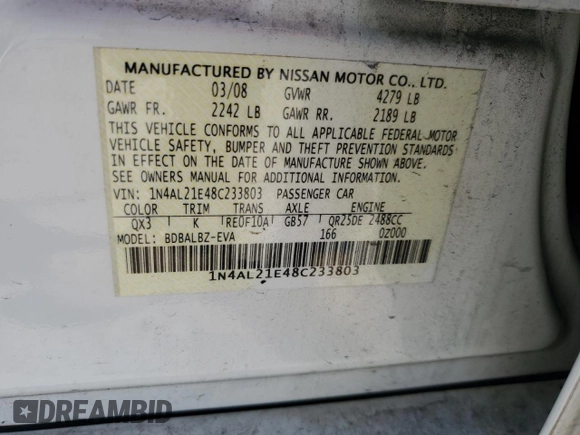 2008 Nissan Altima 2.5 with VIN 1N4AL21E48C233803, listed as a Copart auction lot 46272115 with 0 mi miles and Salvage Title. Bid and sale history available at carsss.com. Image 15.