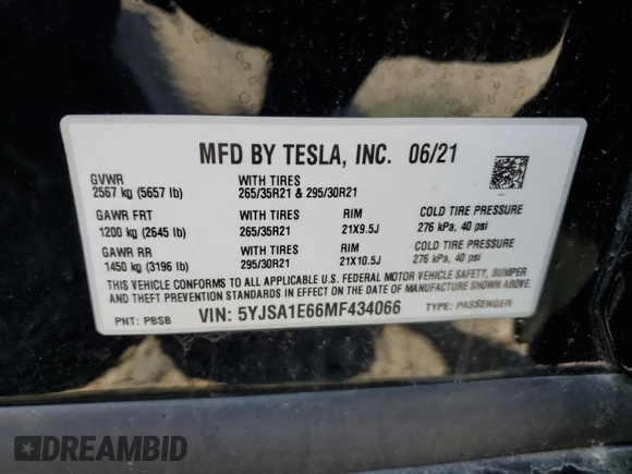 2021 Tesla Model S Plaid with VIN 5YJSA1E66MF434066, listed as a Copart auction lot 61648755 with Not provided miles and Salvage title. Bid and sale history available at DreamBid. Image 12.