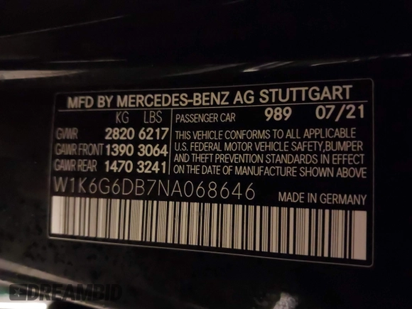 2022 Mercedes-Benz S-Class S 500 with VIN W1K6G6DB7NA068646, listed as a IAAI auction lot 41534167 with 17,931 mi miles. Bid and sale history available at carsss.com. Image 9.