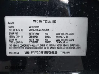 2021 Tesla Model Y Performance with VIN 5YJYGDEF1MF092889, listed as a IAAI auction lot 42076715 with 48,373 mi miles and . Bid and sale history available at DreamBid. Image 9.
