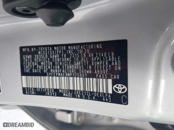 2021 Toyota Corolla LE with VIN 5YFEPMAE9MP175801, listed as a IAAI auction lot 40975110 with 64,488 mi miles. Bid and sale history available at carsss.com. Image 9.