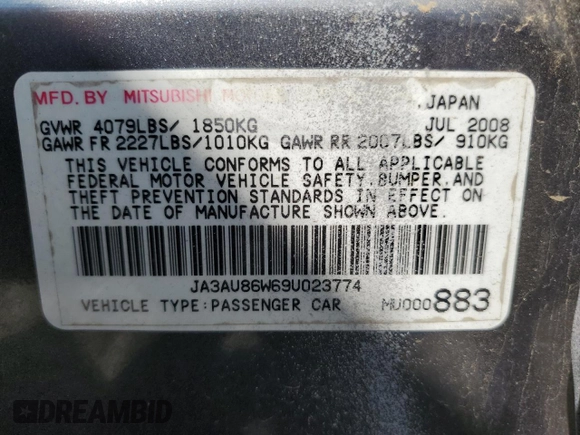 2009 Mitsubishi Lancer GTS with VIN JA3AU86W69U023774, listed as a Copart auction lot 71438484 with 260,775 mi miles and Salvage Title. Bid and sale history available at carsss.com. Image 14.