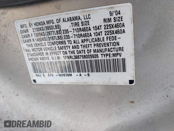 2005 Honda Odyssey TOURING with VIN 5FNRL38875B005926, listed as a IAAI auction lot 42007315 with 1 mi miles. Bid and sale history available at carsss.com. Image 9.