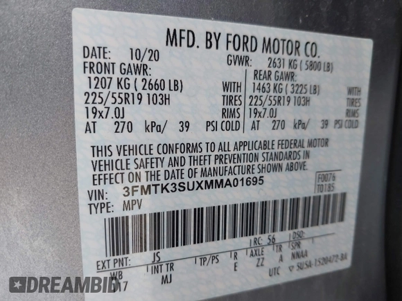 2021 Ford Mustang Mach-E Premium with VIN 3FMTK3SUXMMA01695, listed as a IAAI auction lot 41948323 with 73,816 mi miles and . Bid and sale history available at DreamBid. Image 9.