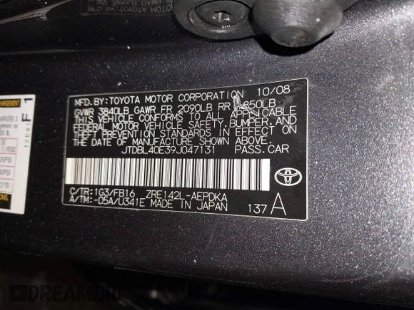 2009 Toyota Corolla with VIN JTDBL40E39J047131, listed as a IAAI auction lot 41669601 with 93,041 mi miles. Bid and sale history available at carsss.com. Image 9.