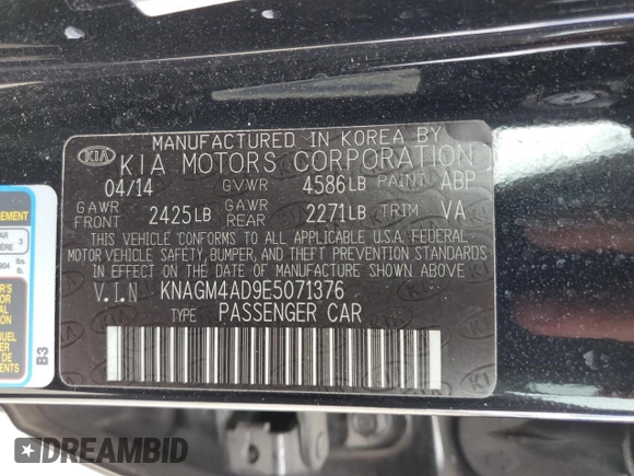 2014 Kia Optima Hybrid LX with VIN KNAGM4AD9E5071376, listed as a Copart auction lot 61127434 with 124,786 mi miles and Clean Title. Bid and sale history available at carsss.com. Image 12.