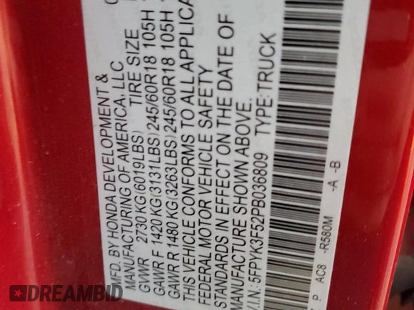 2023 Honda Ridgeline RTL с VIN 5FPYK3F52PB036809, выставлен на аукционе Copart как лот 57237855 с пробегом 40 730 миль миль и Списание • Salvage title. История ставок и продаж доступна на DreamBid. Изображение 12.