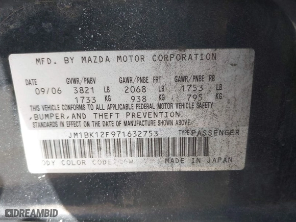 2007 Mazda Mazda3 i Sport with VIN JM1BK12F971632753, listed as a IAAI auction lot 41799478 with 148,569 mi miles. Bid and sale history available at carsss.com. Image 9.