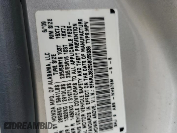 2009 Honda Odyssey LX с VIN 5FNRL38259B059338, выставлен на аукционе Copart как лот 56215995 с пробегом 192 327 миль миль и Чистый • Clean title. История ставок и продаж доступна на DreamBid. Изображение 13.