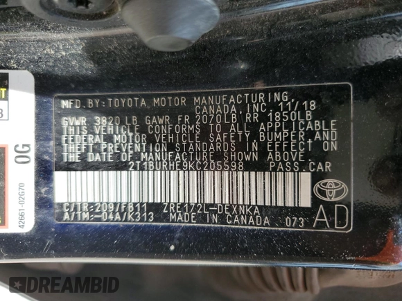2019 Toyota Corolla L z VIN 2T1BURHE9KC205598, wystawiony jako Copart lot #56741185 z przebiegiem 201 573 mil mil oraz Szkoda całkowita • Salvage title. Historia ofert i sprzedaży dostępna na DreamBid. Obrazek 13.