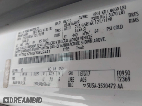 2015 Ford Transit Cargo with VIN 1FTNE1ZM8FKB32441, listed as a IAAI auction lot 41303171 with 203,302 mi miles and . Bid and sale history available at carsss.com. Image 9.