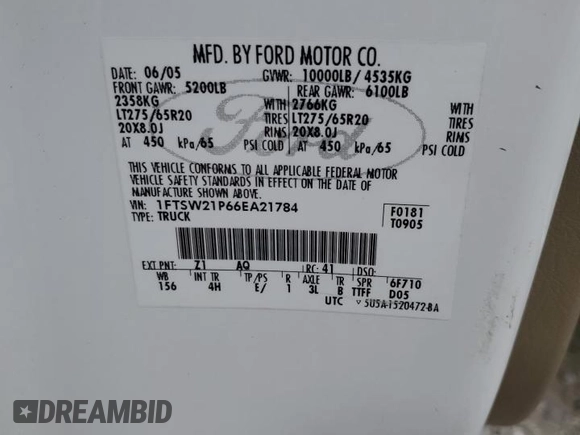 2006 Ford F-250 XL z VIN 1FTSW21P66EA21784, wystawiony jako Copart lot #59556905 z przebiegiem 162 561 mil mil oraz Szkoda całkowita • Salvage title. Historia ofert i sprzedaży dostępna na DreamBid. Obrazek 12.