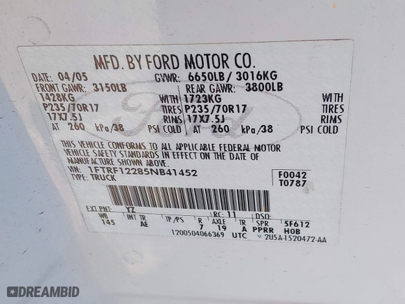 2005 Ford F-150 XL with VIN 1FTRF12285NB41452, listed as a IAAI auction lot 41903892 with 290,233 mi miles. Bid and sale history available at carsss.com. Image 9.
