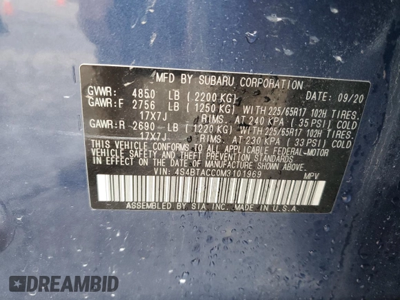 2021 Subaru Outback Premium with VIN 4S4BTACC0M3101969, listed as a Copart auction lot 55403385 with 14,686 mi miles and Clean Title. Bid and sale history available at DreamBid. Image 13.