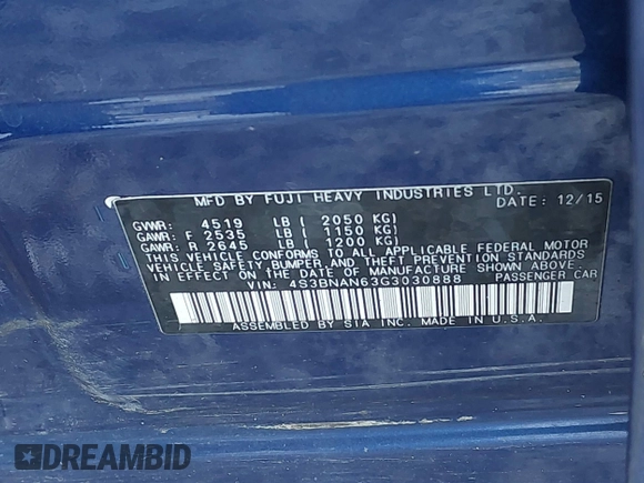 2016 Subaru Legacy 2.5i Limited with VIN 4S3BNAN63G3030888, listed as a IAAI auction lot 41698568 with 101,292 mi miles. Bid and sale history available at carsss.com. Image 9.