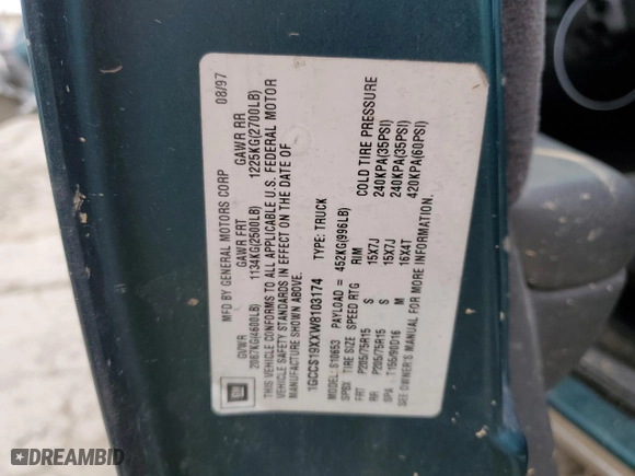 1998 Chevrolet S-10 LS with VIN 1GCCS19XXW8103174, listed as a Copart auction lot 47466725 with NaN miles and Salvage Title. Bid and sale history available at carsss.com. Image 12.