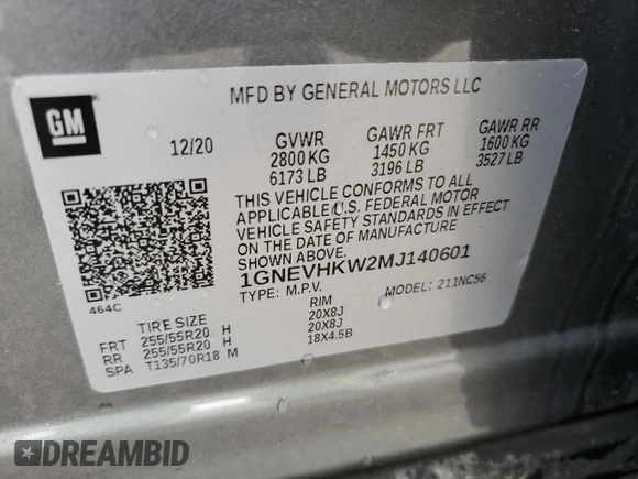 2021 Chevrolet Traverse LT Leather with VIN 1GNEVHKW2MJ140601, listed as a Copart auction lot 65376624 with 57,276 mi miles and Salvage Title. Bid and sale history available at carsss.com. Image 13.