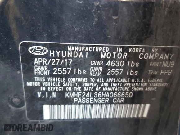 2017 Hyundai Sonata Hybrid SE with VIN KMHE24L36HA066650, listed as a Copart auction lot 45160023 with 0 mi miles. Bid and sale history available at carsss.com. Image 13.