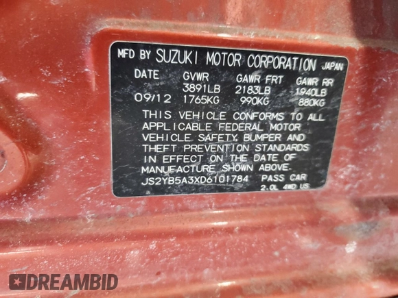 2013 Suzuki SX4 Crossover z VIN JS2YB5A3XD6101784, wystawiony jako Copart lot #45408295 z przebiegiem Nie podano mil oraz Szkoda całkowita • Salvage title. Historia ofert i sprzedaży dostępna na DreamBid. Obrazek 14.