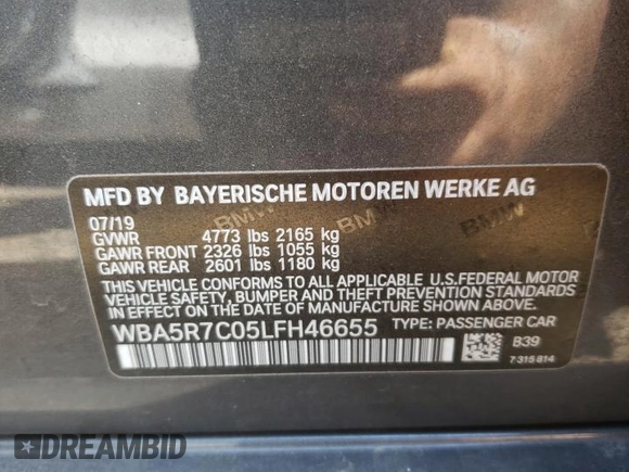 2020 BMW 3 Series 330i xDrive with VIN WBA5R7C05LFH46655, listed as a Copart auction lot 51350962 with 25,698 mi miles and . Bid and sale history available at DreamBid. Image 10.